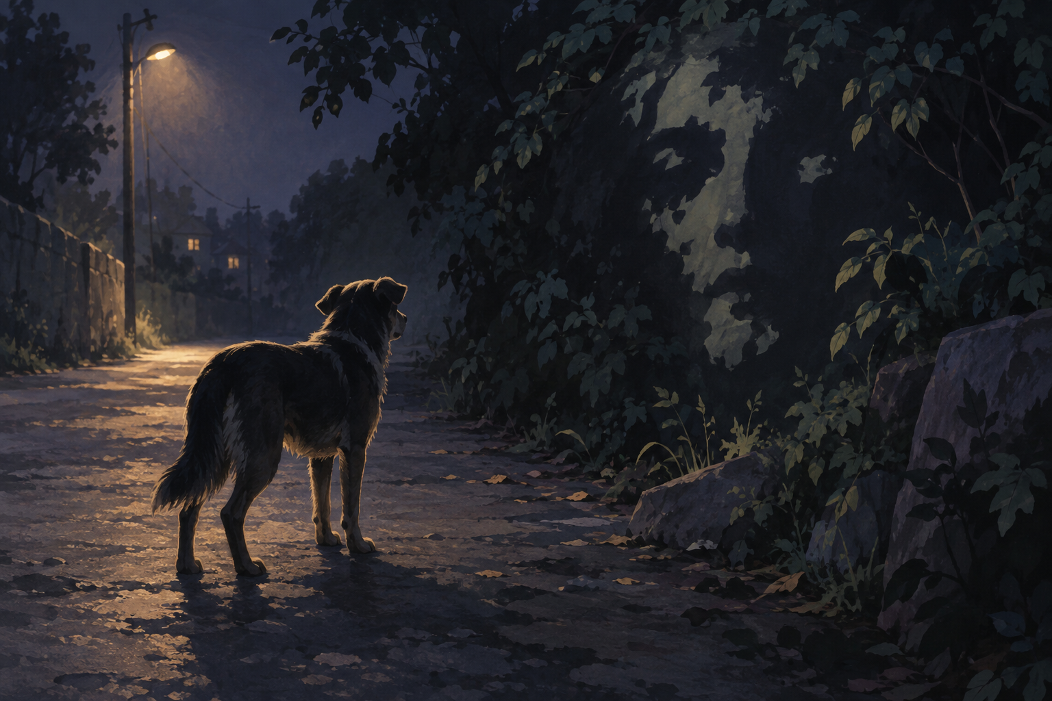 暗い道にいる犬の輪郭と周囲の影が顔のようにも見える概念イラスト