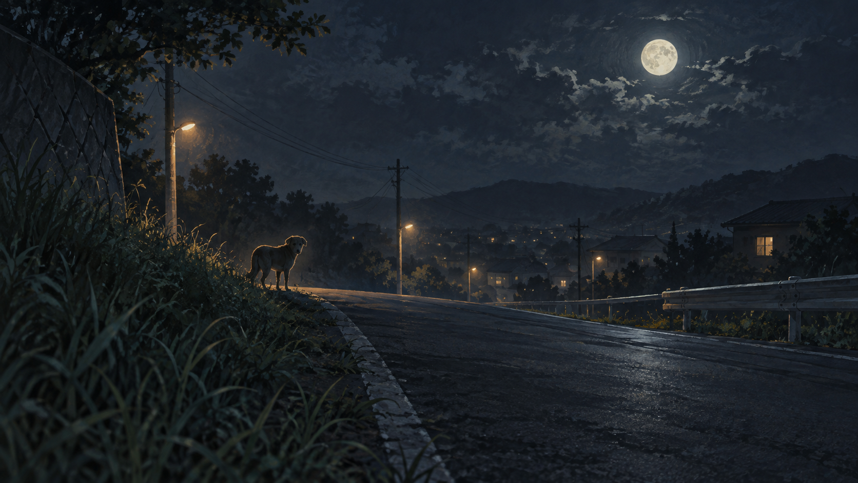 夜の道路脇に立つ犬のシルエットを描いた都市伝説風のイラスト